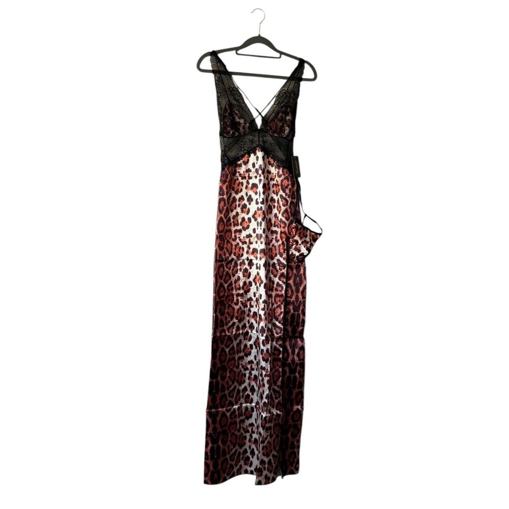 Fredericks Hollywood Lace Satin Gown S Leopard Slit Nightgown Set Boudoir NWT - Picture 2 of 16